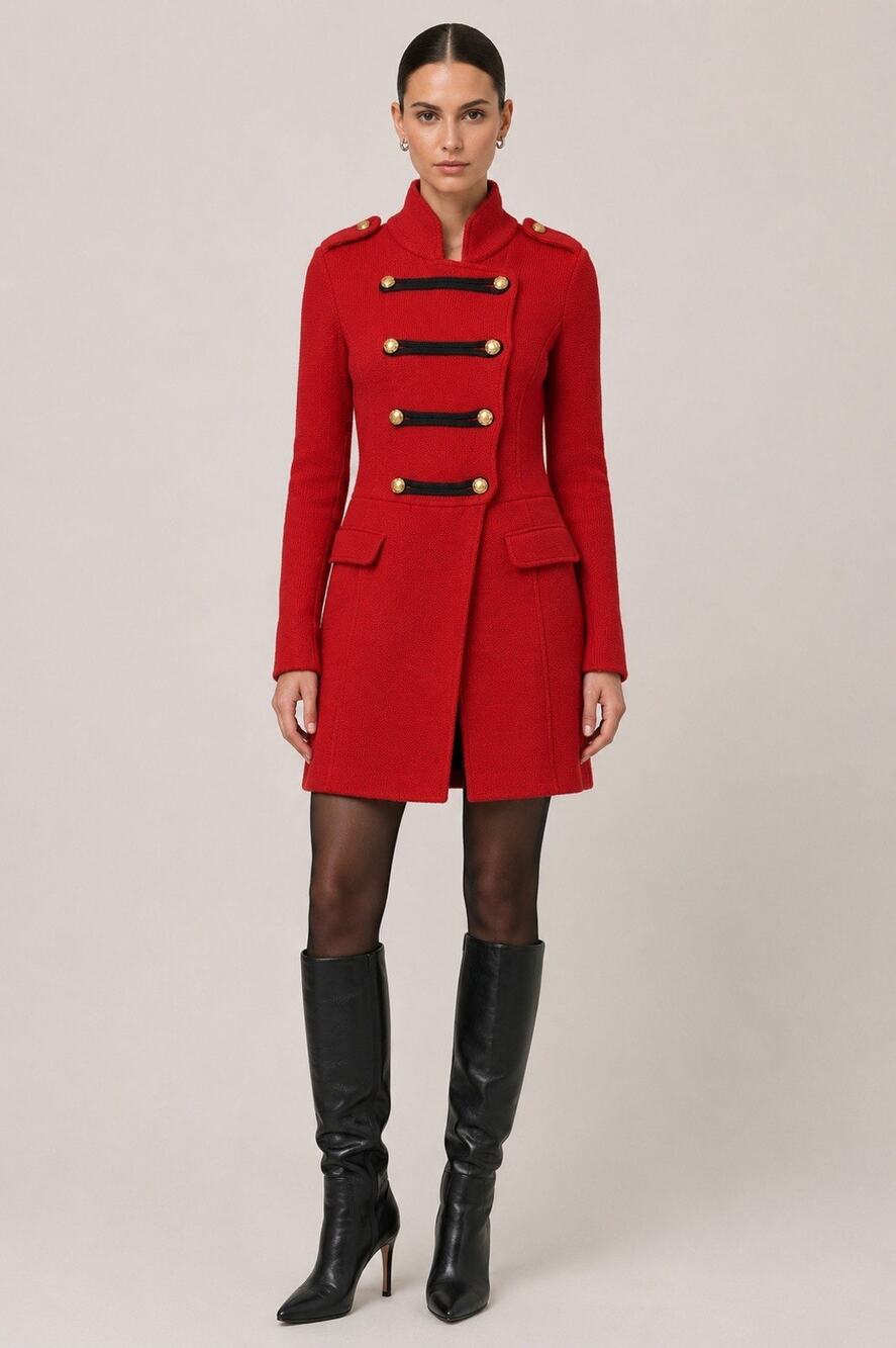 Lauren Ralph Lauren 100% Wool Red Military Sweater Coat Gold Buttons S